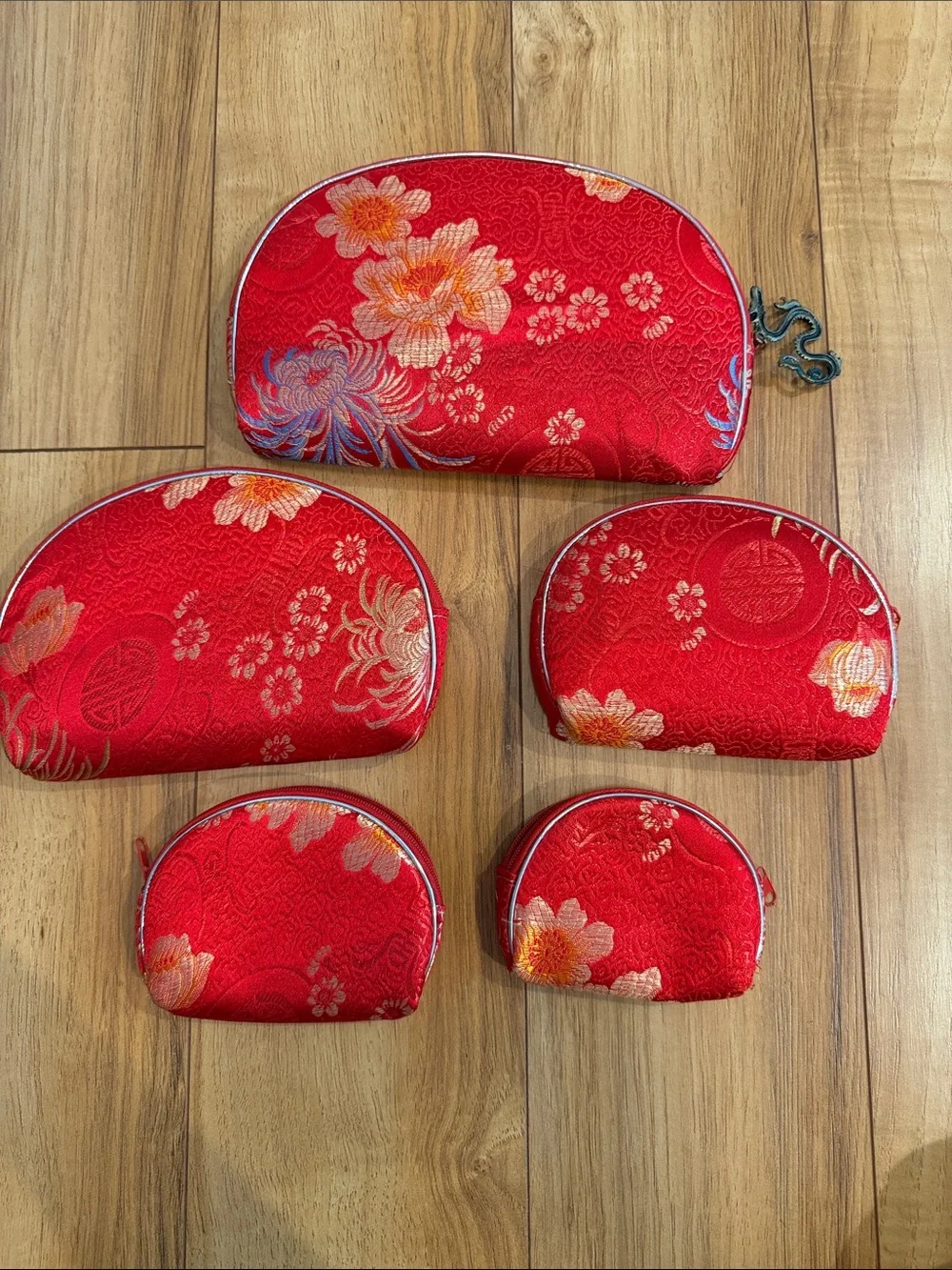 Red Floral Silk Cosmetic or Jewelry Pouch Set - 5pc - Purchased in Beijing